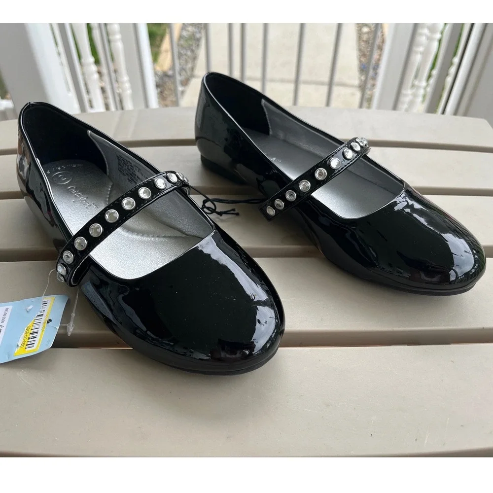 Cat & Jack Brooke Girls Black Patent Rhinestone Mary Jane Flats Size‎ 2 NEW